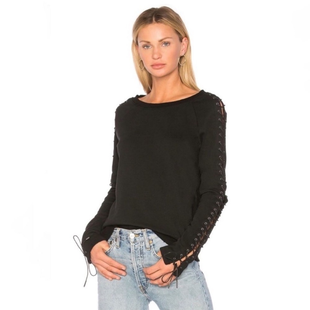 PAM & GELA Black Lace-Up Sleeve Sweatshirt / Sweater